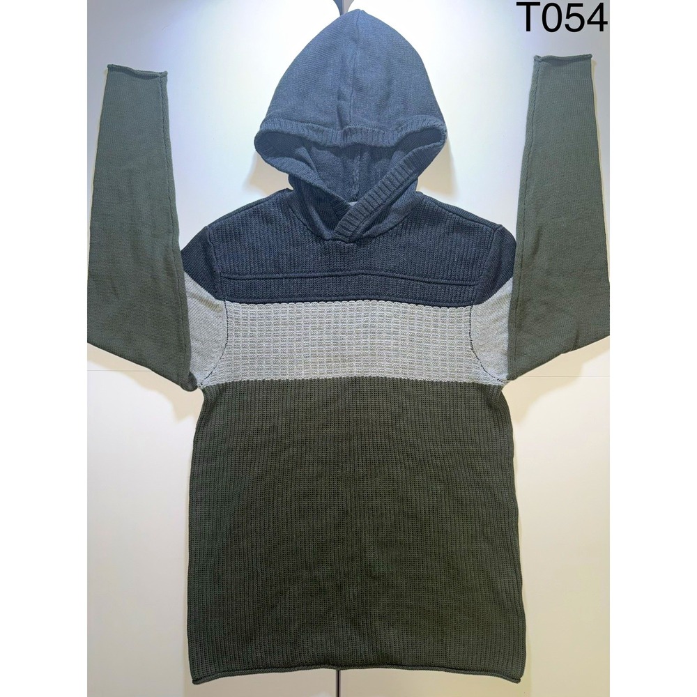 Commerce Men's Knit Hooded Pullover Sweater Striped Navy Gray Green M